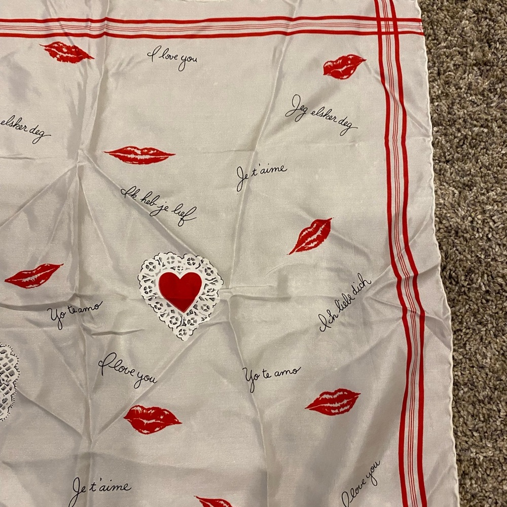 Heart & Lip Print Square Scarf - Red on Ivory - Picture 4 of 9
